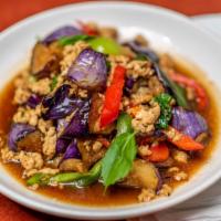 Lunch Spicy Eggplant · Stir-fried eggplant with chili pepper, garlic and basil leaves in black bean sauce.