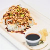 Spoons Special Roll · california roll, on top chop soft shell crab tempura, scallions, avocado, eel sauce and spic...