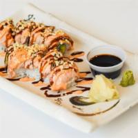Fire Cracker Roll · Grilled tuna avocado with salmon torch and tempura flakes on top, spicy mayo, eel sauce.