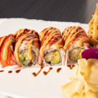 Xtreme Roll (Spicy) · Spicy tuna, avocado, shrimp tempura, w/ spicy kani and soybean wrap on top.