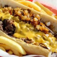 Cheese Steak · Reg size. Salt and pepper. Choice of cheese wiz, American cheese, or provolone cheese.