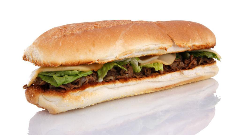 Steak Sub With Cheese · Juicy, sliced steak with melted cheese, served on a soft roll.