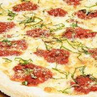 Margherita · Plum tomatoes, fresh garlic, basil & mozzarella cheese.