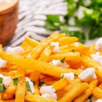Greek Fries · Seaoned French Fries topped with cheese,olive oil, Greek herbs&spices.