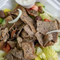 Gyro Salad · Spicy. Lettuce greens with tomatoes, cucumbers, banana peppers, kalamata olives, feta cheese...