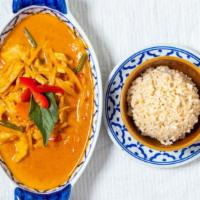 Red Curry · Very spicy. Your choice of chicken, beef, or shrimp in a delicious spicy red curry sauce wit...