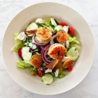Mediterranean Salad  · Grilled shrimp, scallops, crabmeat served over lettuce, tomatoes, onions, cucumbers, peperon...