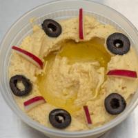 Hummus With Pita Bread · Garbanzo bean puree, tahini paste, lemon, salt, topped w/ olive oil, served with pita bread