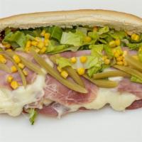 Submarine Sub · Genoa salami, ham, American cheese, lettuce, corn, pickles, black olives, ketchup, mustard.