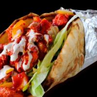 Chicken Gyro Plater · Served on pita bread with Lettuce, Tomato , Onion white sauce and french fries.