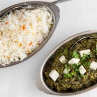 Saag Paneer · Served with rice, chutney. Spicy spinach cooked with pieces of fresh homemade cheese.