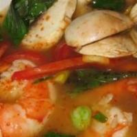 Tom Yum Soup · lemongrass tamarind broth with shrimp, 
basil leaves, mushrooms, and veggies