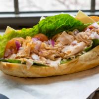 Charlestown Chicken · Ever roast chicken, Cheddar, lettuce, tomato, red onion, and mayonnaise. All sandwiches on y...