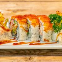 Spider Roll · Five pieces. Inside: fried soft-shelled crab, tobiko, crab meat, cucumber, avocado, sweet gl...