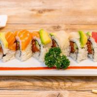 Spicy Rainbow Roll · Spicy. Fresh raw fish. Inside: spicy tuna, cucumber, avocado, tuna, salmon, yellowtail, snap...