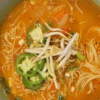 Miso Ramen · Spicy. Pork, sprouts, green onion, seaweed, jalapeño, garlic.