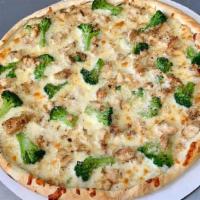 Chicken Brock Alfredo (Small) · Cheese, pizza sauce, chicken kabob, broccoli and Alfredo.
