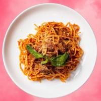 Spaghetti Meets Ball · Fresh tomatoes, olive oil, and basil and meatballs cooked with pasta.
