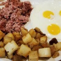 Homemade Corned Beef Hash · With two eggs your style, toast or English muffin, panhandled potatoes.