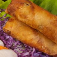 Spring Rolls (3) · Filled.  Rolled.  Deep Fried.  Served on a bed of lettuce and cabbage with pickled slaw and ...