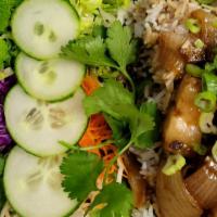 Braised Pork Belly Platter  · Braised pork belly and hard boiled egg served over white rice with fresh herbs and vegetables.