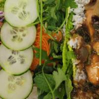 Braised Salmon Platter · Braised salmon served with white rice and fresh herbs and vegetables.