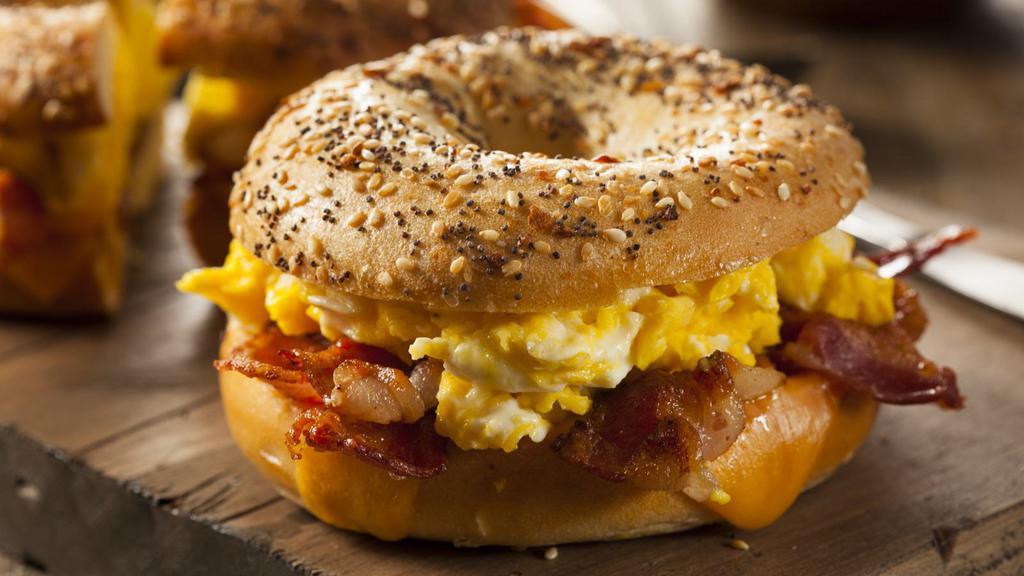 Sausage, Egg, & Cheese Bagel · Fresh eggs, savory sausage, and creamy cheese on a fresh baked bagel.