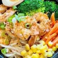 Shrimp Garlic Rice Bowls · Marinated shrimp, Aji Ramen Eggs (Soft Boiled seasoning eggs), bean sprout, corn, broccoli, ...
