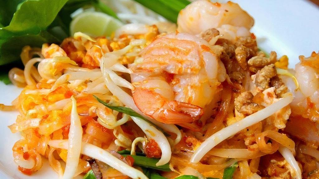Pad Thai · The most famous Thai rice noodle dish is stir-fried with eggs, bean sprouts in Thai special sauce. Topped with scallions and ground peanuts.