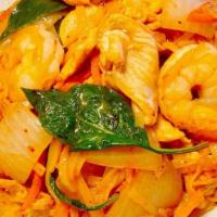 Thai Spicy Noodle · Stir-fried rice noodles with onion, carrot, red pepper, green pepper, and basil leaf in Thai...