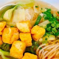 Vegetable & Tofu Noodle Soup · Rice noodle with broccoli, carrot, Bok Choy, beansprout, cilantro, and scallion.