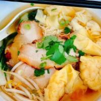 Wonton Noodles Soup · Yellow noodles soup with chicken wonton, Pork Shachu, Bok choy, bean sprout, scallion, and c...