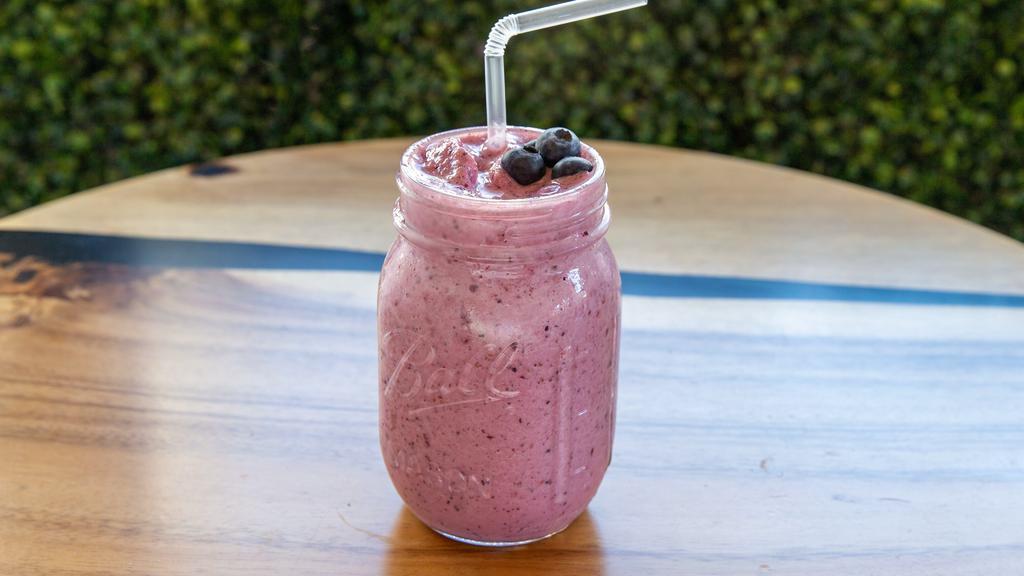 Berry Blast Smoothie · Blackberry, blueberry, raspberry, strawberry & banana with organic agave and almond milk.