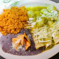 Enchiladas · Your choice of meat rolled in corn tortillas topped with our homemade salsa verde, sour crea...