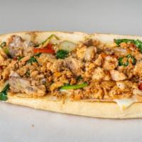 Salmon Cheese Steak · 1/2 lb chopped fresh salmon cooked with a medley of spinach, peppers, onions with chipotle a...