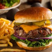 Cheeseburger · Your choice of turkey, beef, or veggie, served on a bun with French fries and a pickle.