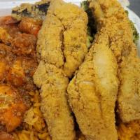 Fish & Shrimp Fried Rice · 2 pieces fried whiting
6 sauteed pick & peel shrimps(contains garlic)