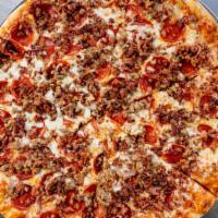 Meat Lovers Pizza (Large) · Fresh tomato sauce topped with cheese, pepperoni, Italian sausage, bacon, hamburger and ham.