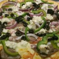 Gyro Pizza · Mediterranean flavor. Lamb gyro, garlic, tomatoes, onions, green peppers, black olives, and ...
