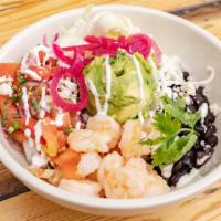 Camarones Bowl (Shrimp) · Sauteed shrimp over red rice with pico de gallo, black beans, pickled red onion, cabbage, qu...