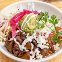 Mushroom Bowl · Mushrooms in a chili sauce over red rice with pico de gallo, black beans, pickled red onion,...