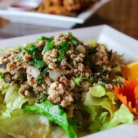 Larb Kai/Thai Chicken Salad · Minced chicken tossed with scallions, red onion, mint leaves, cilantro, ground roasted chill...