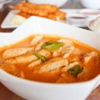 Panang Curry · Flavorful, rich tasting curry, coconut milk, kaffir leaves, ground peanut with your choice o...