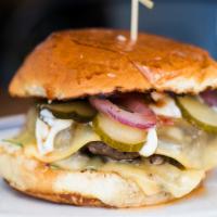 Proper Burger · Creekstone farms Angus beef, melted gouda, garlic-dill pickles, charred red onion, Thai swee...