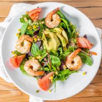 Bookers Salad · Mixed greens, tomato, bbq bacon, avocado, grilled jumbo shrimp tossed in a white balsamic vi...