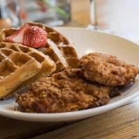 Fried Chicken And Waffle With Shrimp · 10 oz boneless  skinless crispy breast on a large waffle with 4 pieces of fried shrimp and a...