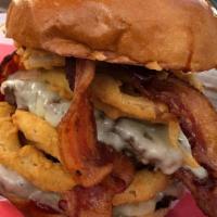Frankie Bbq Burger · Swiss cheese, bbq sauce, applewood smoked bacon & homemade onion rings.