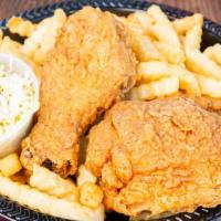 4 Piece Dinner Fried Chicken · Breast, thigh, drum & wing fried to order, served with fries & homemade slaw.