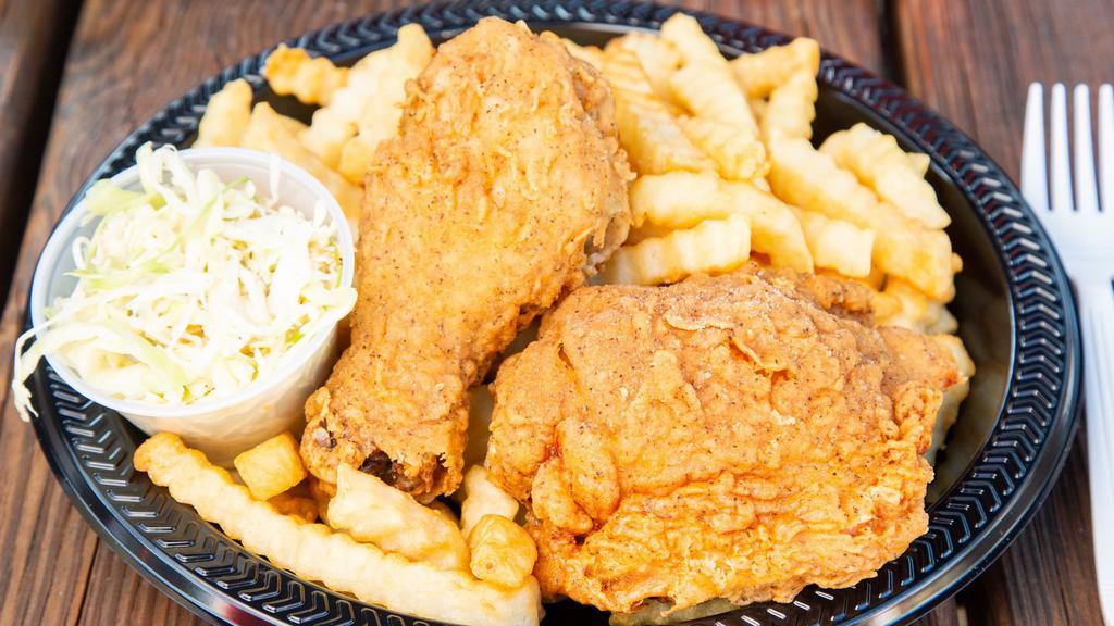 4 Piece Dinner Fried Chicken · Breast, thigh, drum & wing fried to order, served with fries & homemade slaw.