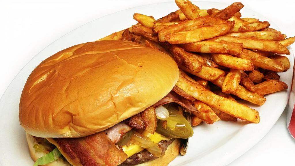 House Burger · Ham, bacon, American cheese, grilled onion, mushroom and jalapeño pepper with sweet relish.